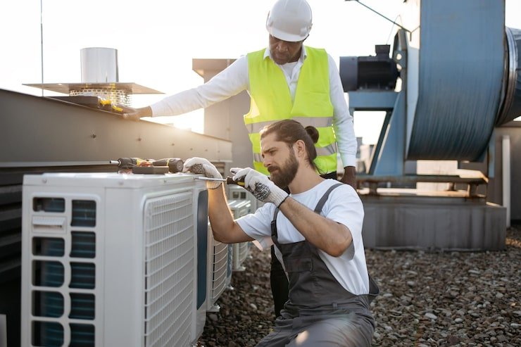 repairmen-fixing-improving-air-conditioner-roof_161094-16146